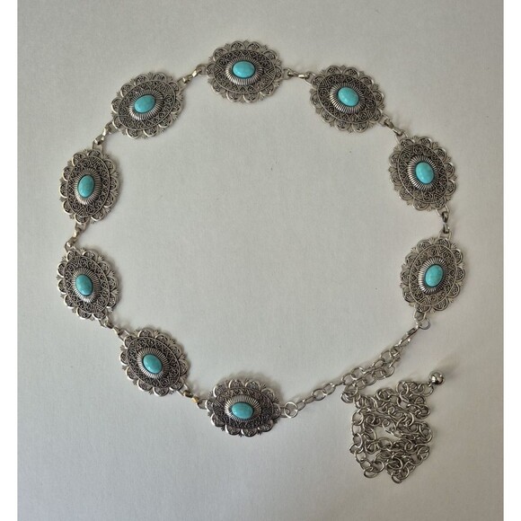 Western Aztec Boho Silver Tone Concho Turquoise Waist Chain Belt Womens 51 IN - Picture 7 of 7